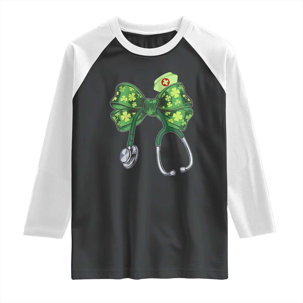 Shamrock Coquette Bow Stethoscope Raglan Shirt Registered Nurse Nursing St Patricks Day