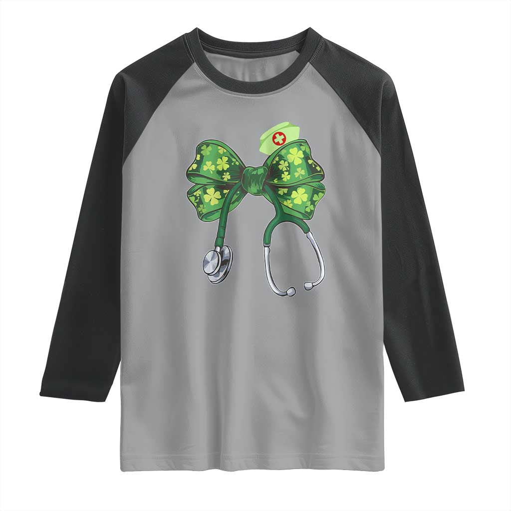 Shamrock Coquette Bow Stethoscope Raglan Shirt Registered Nurse Nursing St Patricks Day