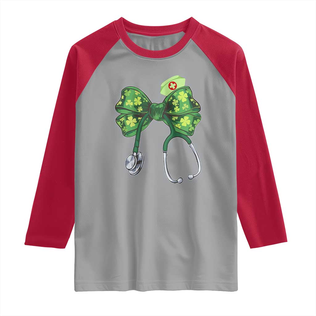 Shamrock Coquette Bow Stethoscope Raglan Shirt Registered Nurse Nursing St Patricks Day