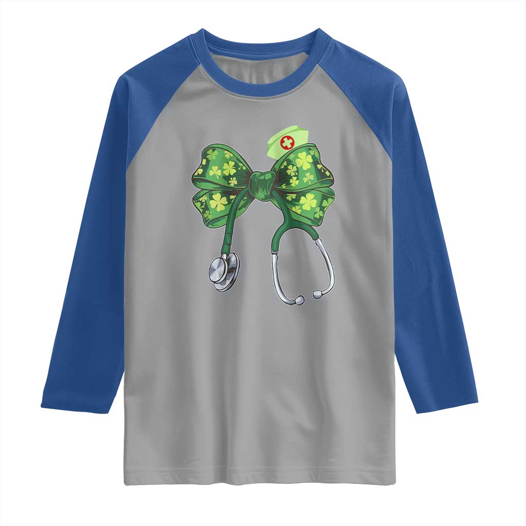 Shamrock Coquette Bow Stethoscope Raglan Shirt Registered Nurse Nursing St Patricks Day