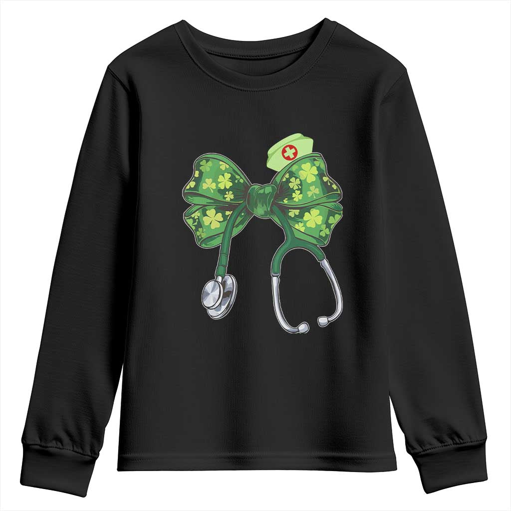 Shamrock Coquette Bow Stethoscope Youth Sweatshirt Registered Nurse Nursing St Patricks Day