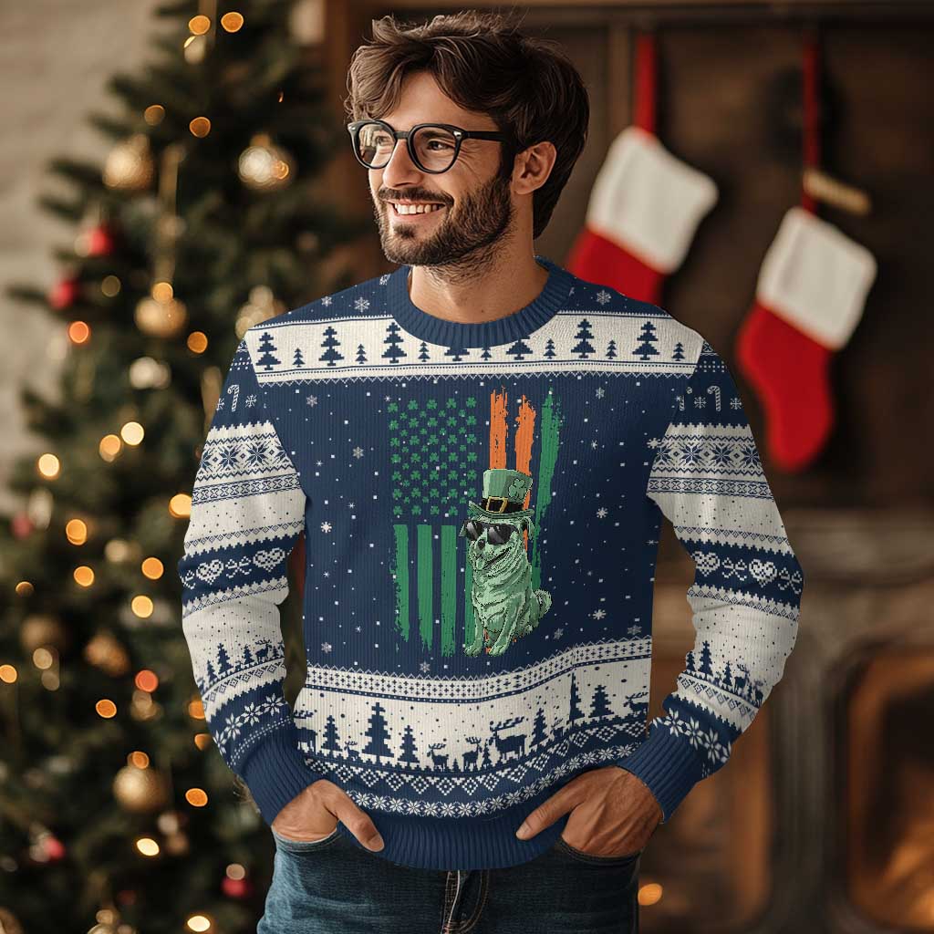 Funny St Patrick's Day Pug Leprechaun Ugly Christmas Sweater Dog Lover Puppy Green American Flag - Wonder Print Shop