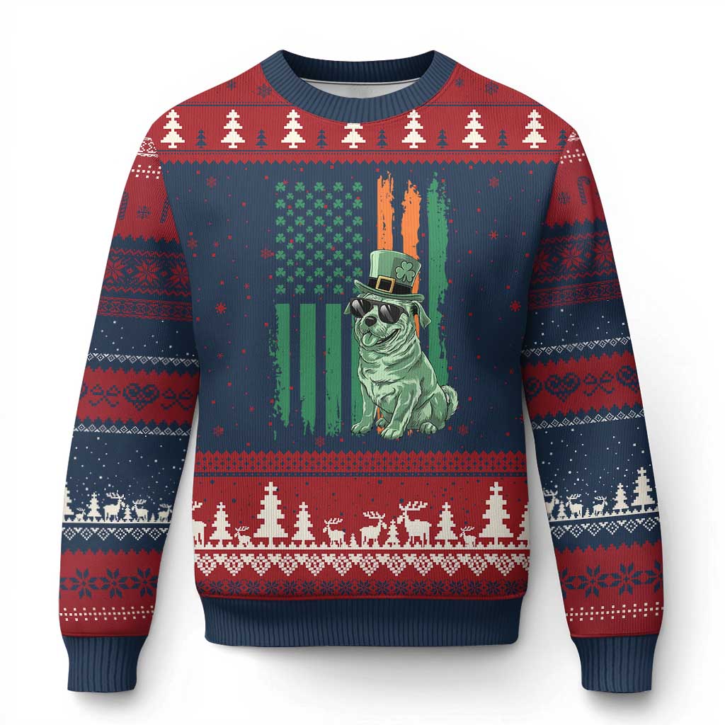 Funny St Patrick's Day Pug Leprechaun Ugly Christmas Sweater Dog Lover Puppy Green American Flag - Wonder Print Shop