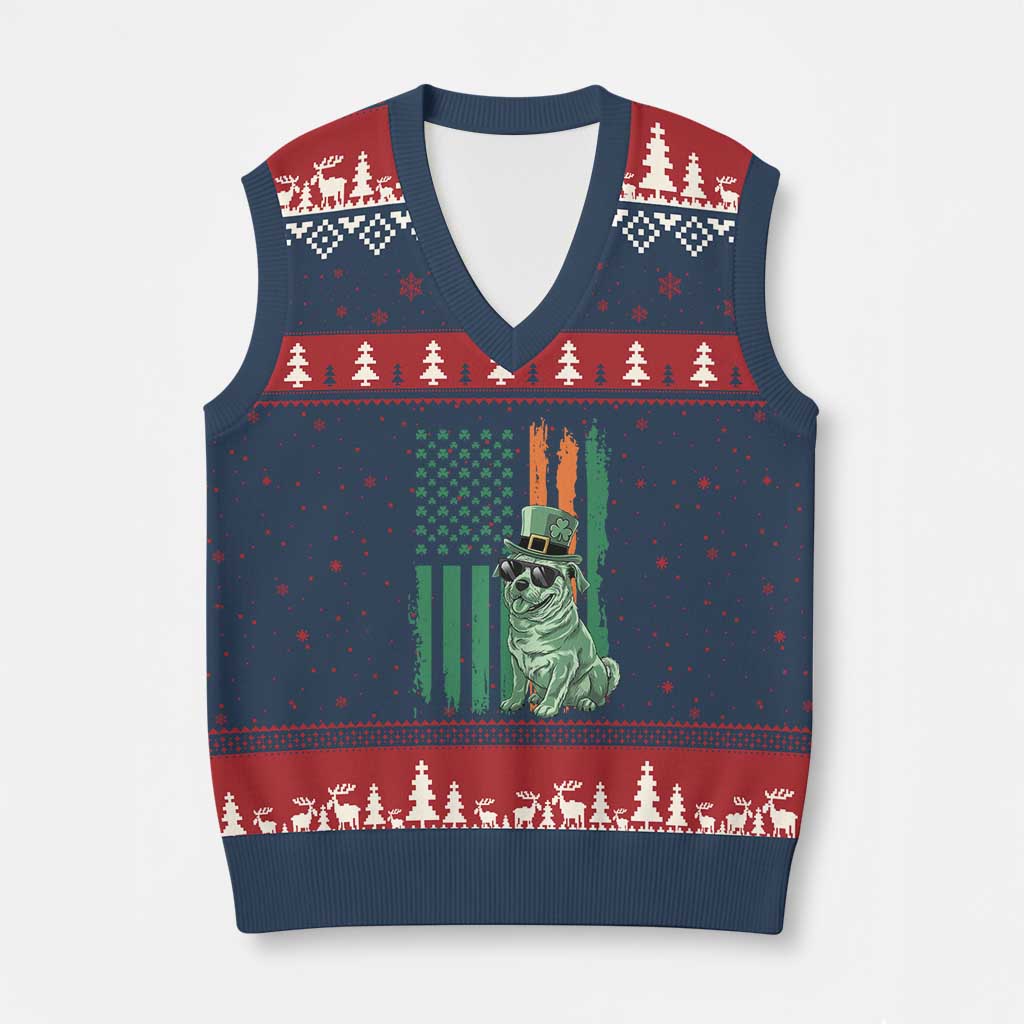 Funny St Patrick's Day Pug Leprechaun V-Neck Knit Sweater Vest Dog Lover Puppy Green American Flag - Wonder Print Shop