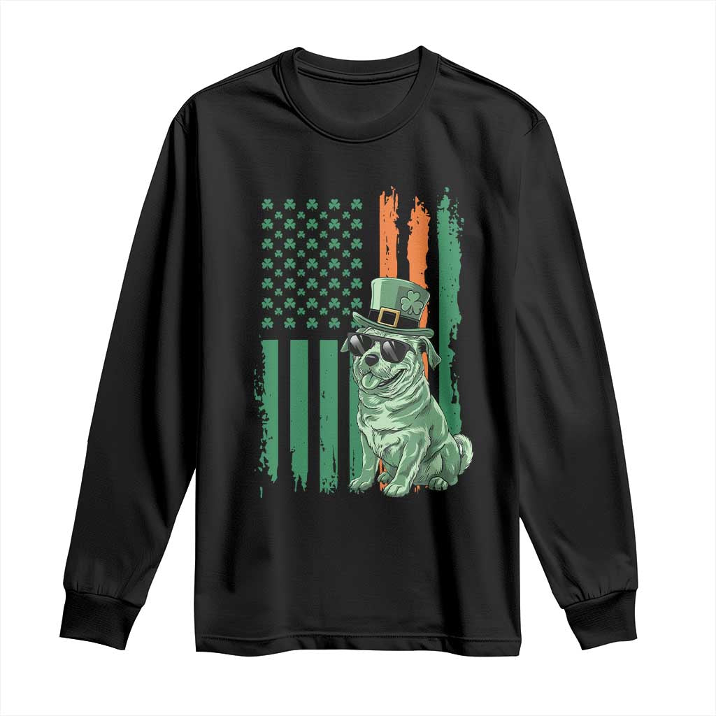Funny St Patrick's Day Pug Leprechaun Long Sleeve Shirt Dog Lover Puppy Green American Flag
