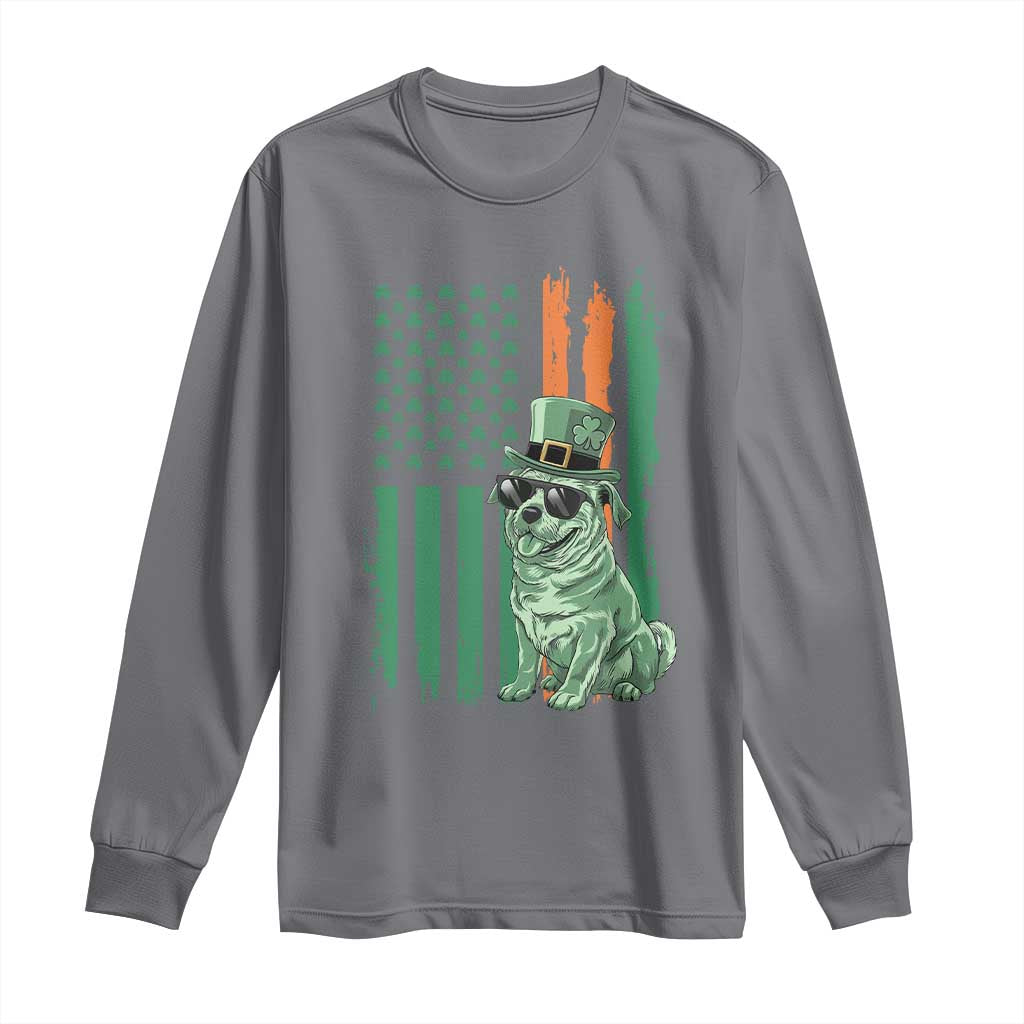 Funny St Patrick's Day Pug Leprechaun Long Sleeve Shirt Dog Lover Puppy Green American Flag