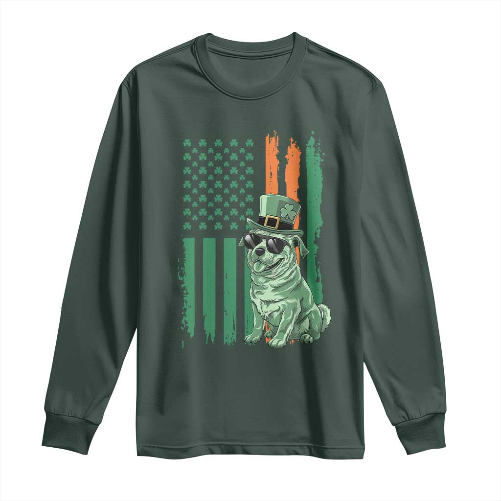 Funny St Patrick's Day Pug Leprechaun Long Sleeve Shirt Dog Lover Puppy Green American Flag