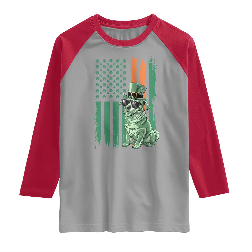 Funny St Patrick's Day Pug Leprechaun Raglan Shirt Dog Lover Puppy Green American Flag