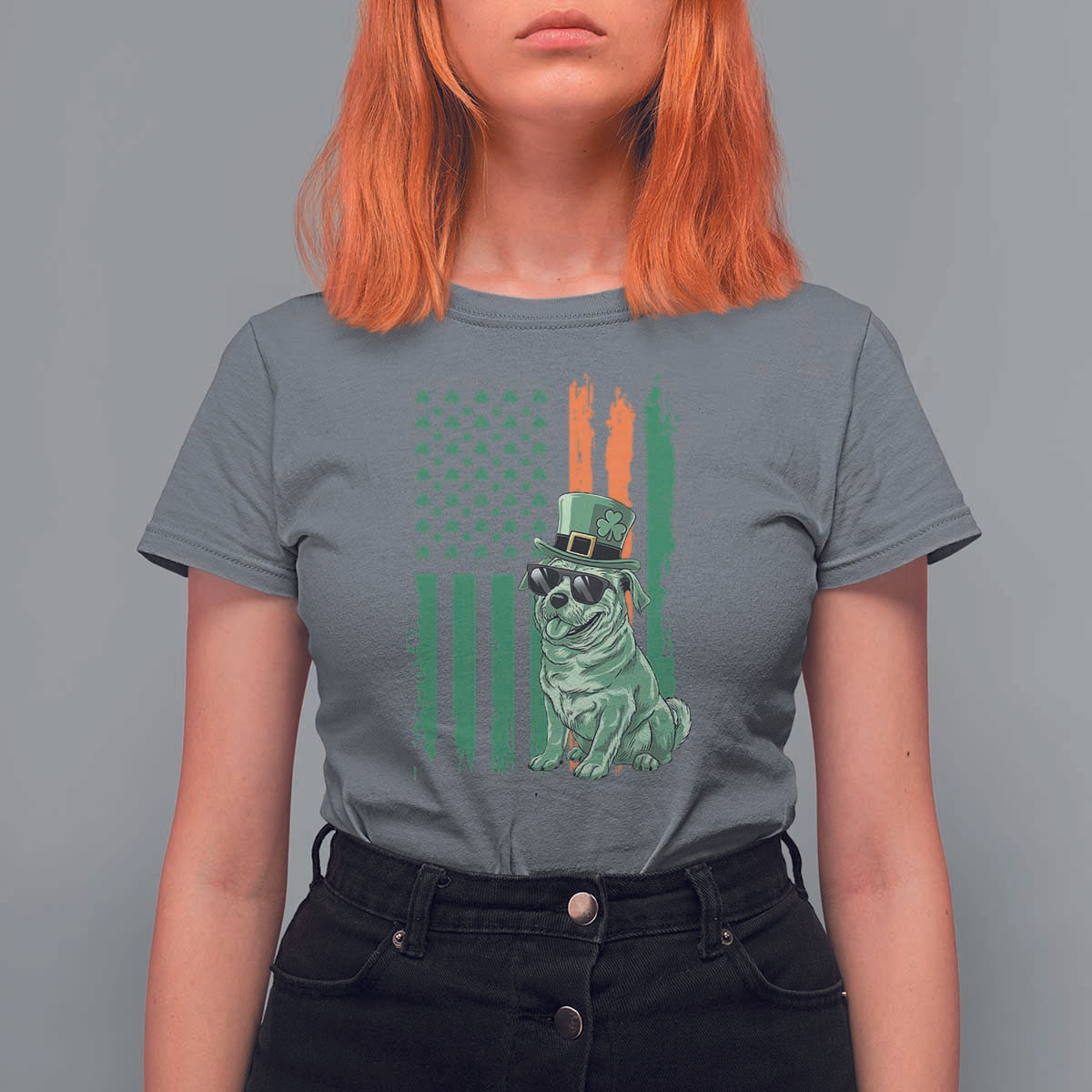 Funny St Patrick's Day Pug Leprechaun T Shirt For Women Dog Lover Puppy Green American Flag