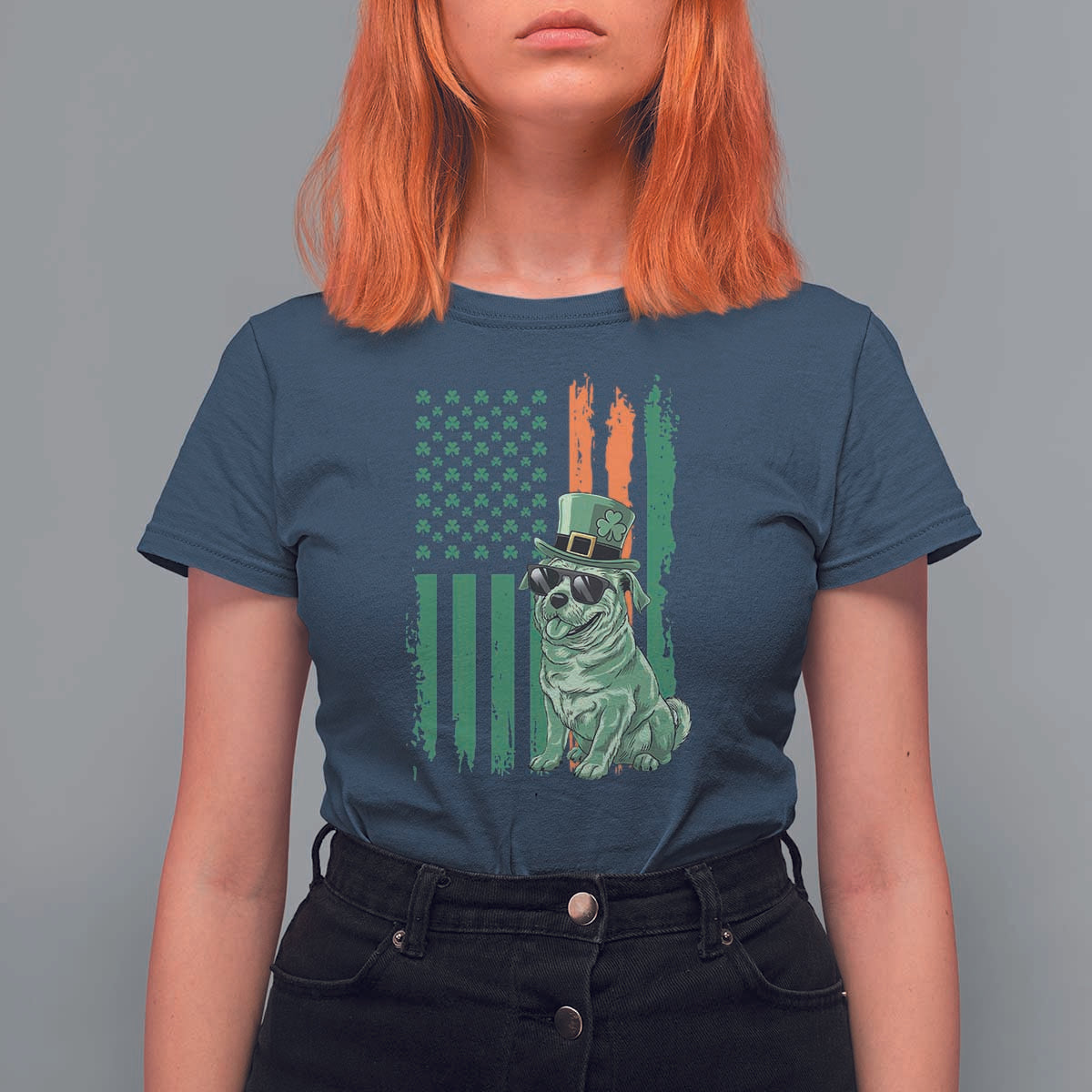 Funny St Patrick's Day Pug Leprechaun T Shirt For Women Dog Lover Puppy Green American Flag