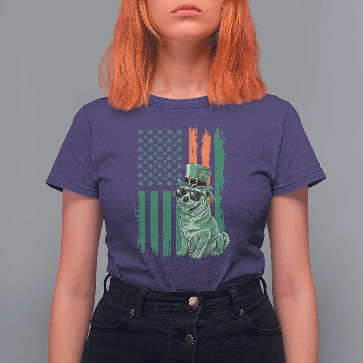 Funny St Patrick's Day Pug Leprechaun T Shirt For Women Dog Lover Puppy Green American Flag