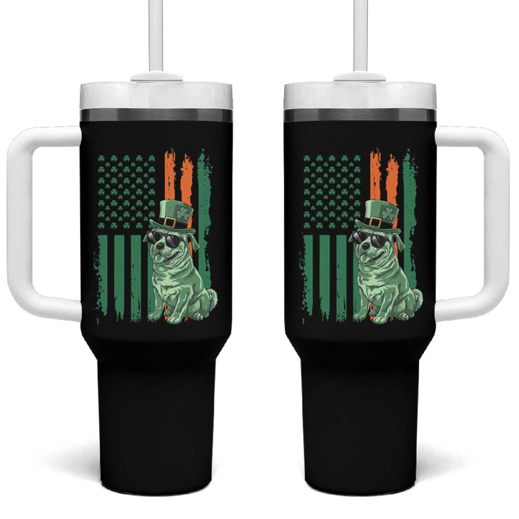 Funny St Patrick's Day Pug Leprechaun Tumbler With Handle Dog Lover Puppy Green American Flag