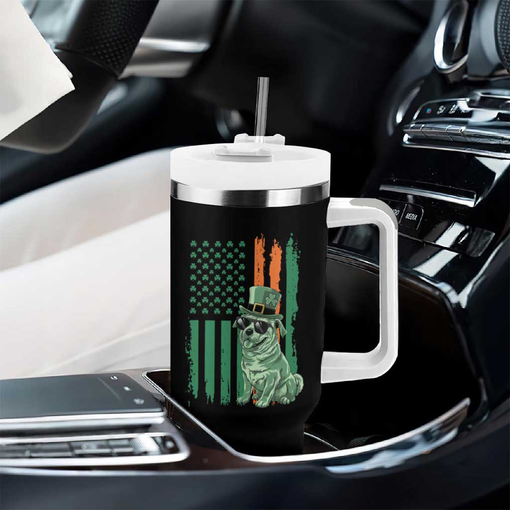 Funny St Patrick's Day Pug Leprechaun Tumbler With Handle Dog Lover Puppy Green American Flag