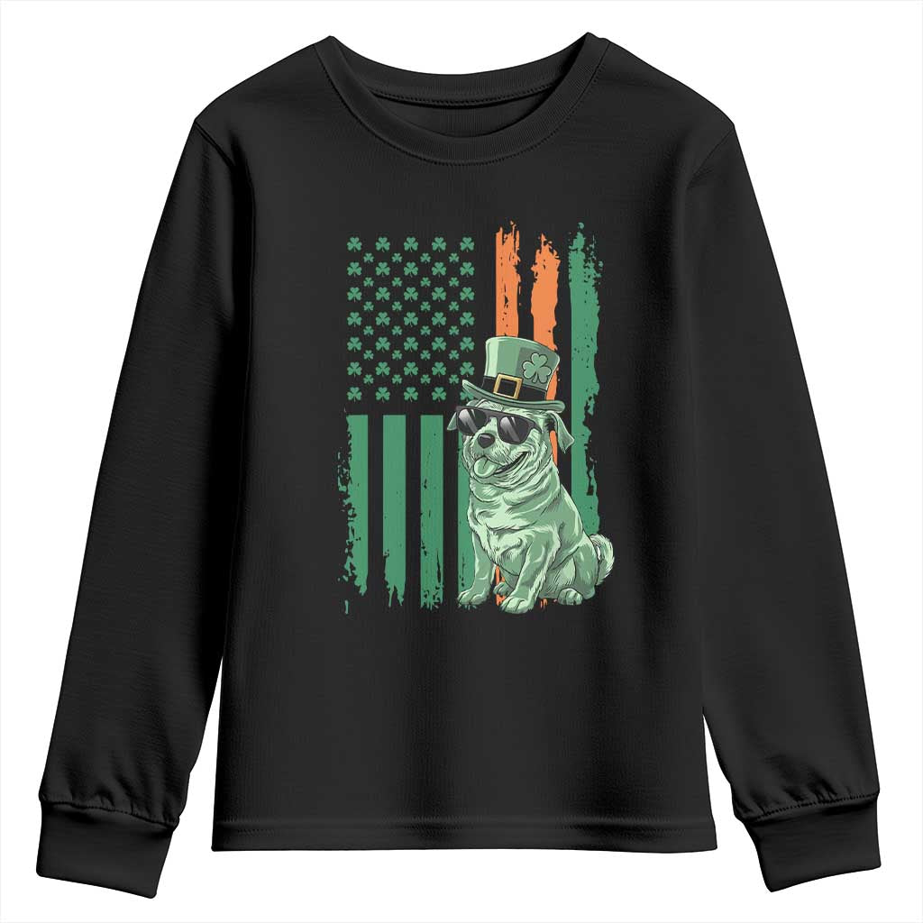 Funny St Patrick's Day Pug Leprechaun Youth Sweatshirt Dog Lover Puppy Green American Flag