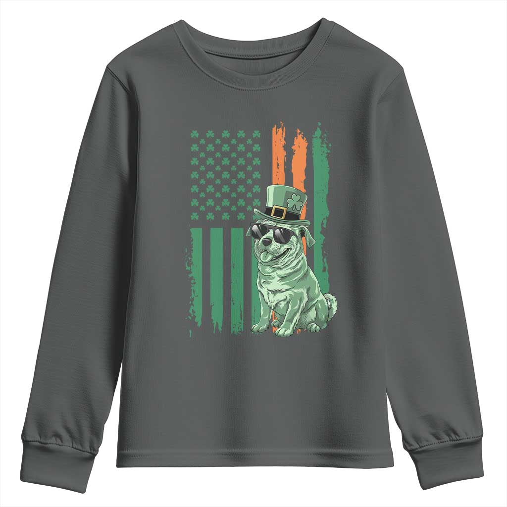 Funny St Patrick's Day Pug Leprechaun Youth Sweatshirt Dog Lover Puppy Green American Flag