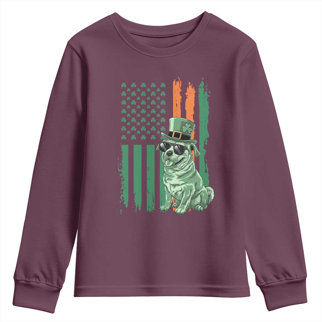 Funny St Patrick's Day Pug Leprechaun Youth Sweatshirt Dog Lover Puppy Green American Flag