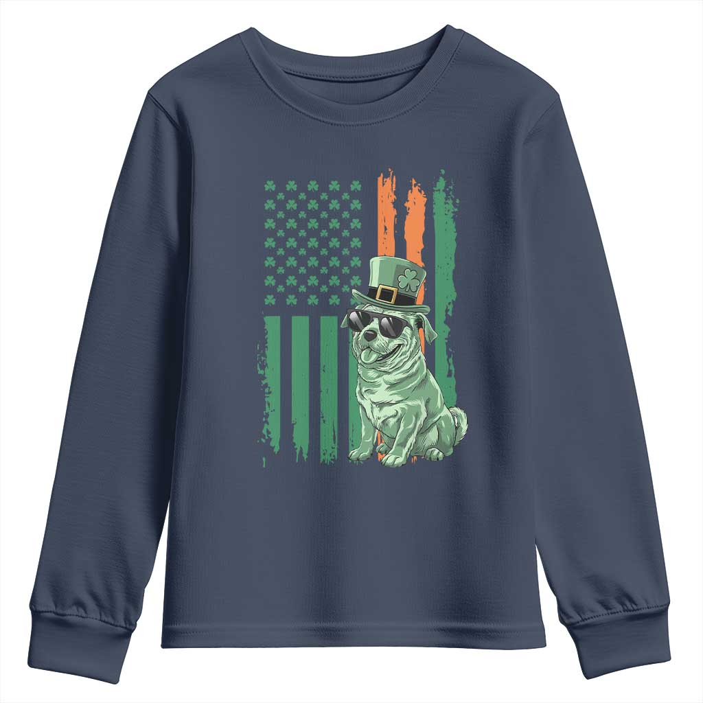 Funny St Patrick's Day Pug Leprechaun Youth Sweatshirt Dog Lover Puppy Green American Flag