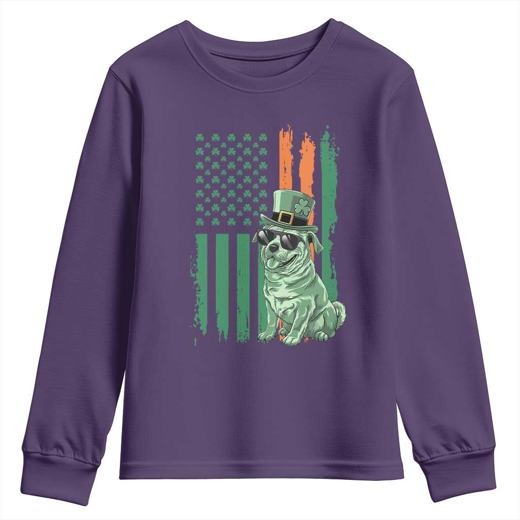Funny St Patrick's Day Pug Leprechaun Youth Sweatshirt Dog Lover Puppy Green American Flag