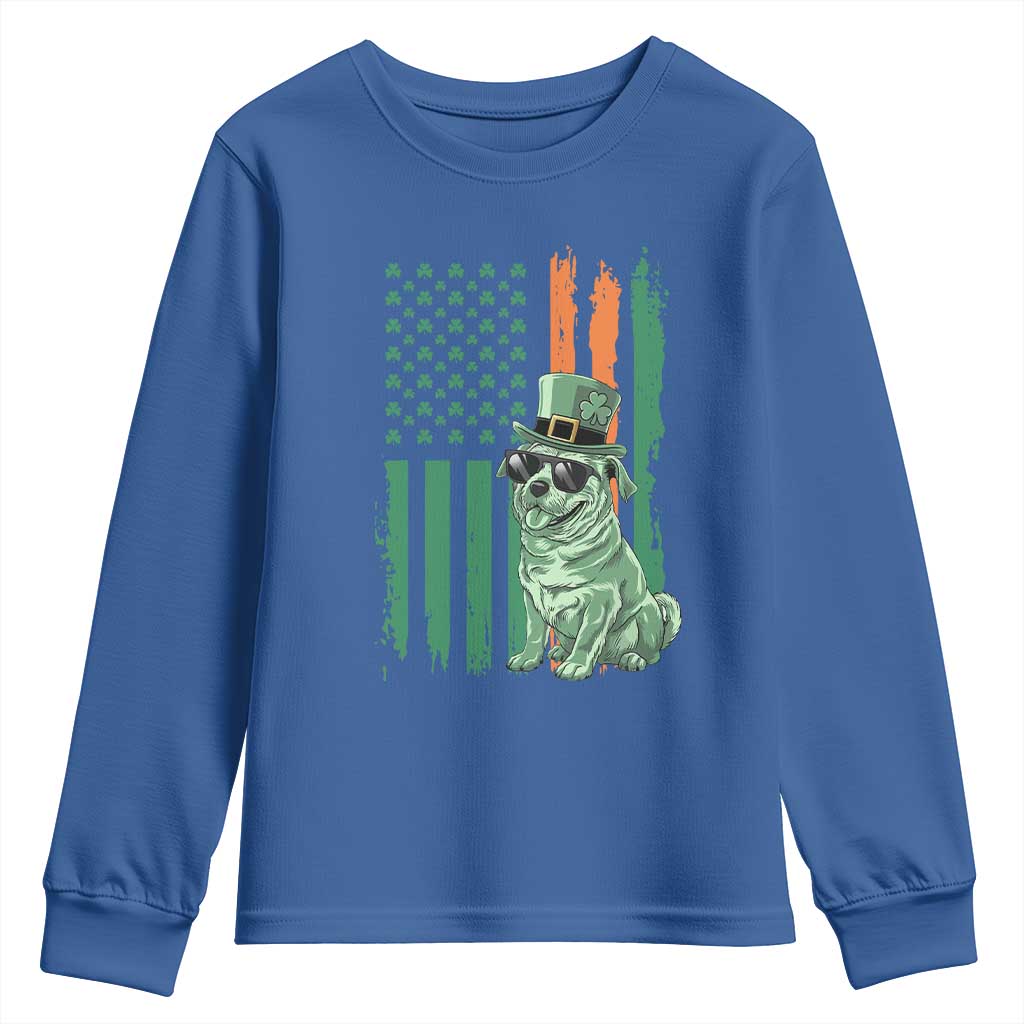 Funny St Patrick's Day Pug Leprechaun Youth Sweatshirt Dog Lover Puppy Green American Flag