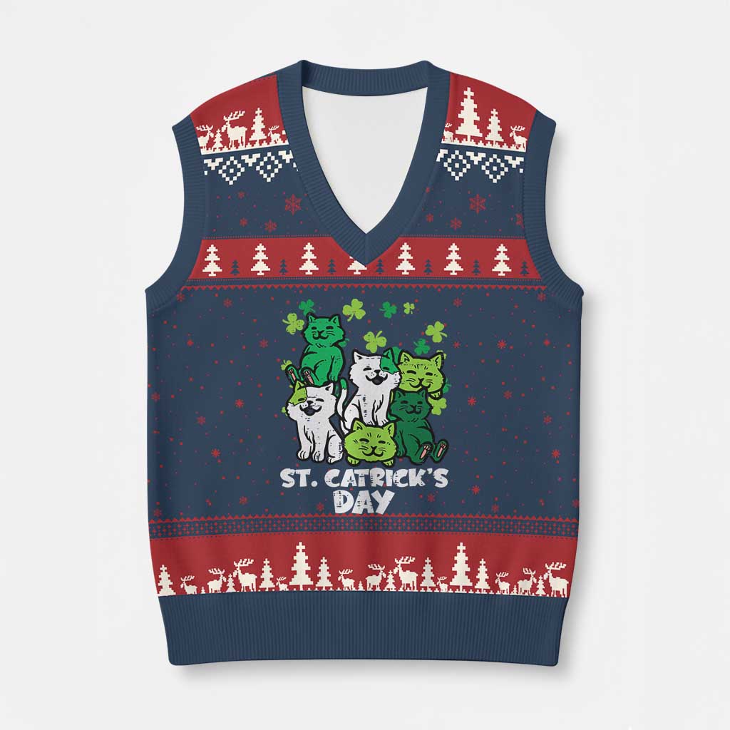Cute St Catricks Day V-Neck Knit Sweater Vest St Patricks Cats Saint Pattys Cat Lover - Wonder Print Shop