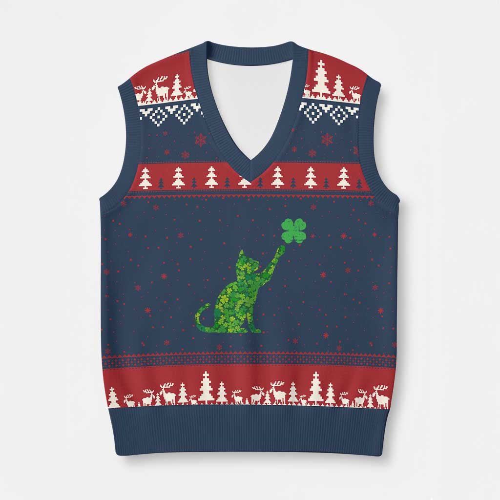 St Patricks Day Shamrock Cat V-Neck Knit Sweater Vest Saint Pattys Cats Lover - Wonder Print Shop