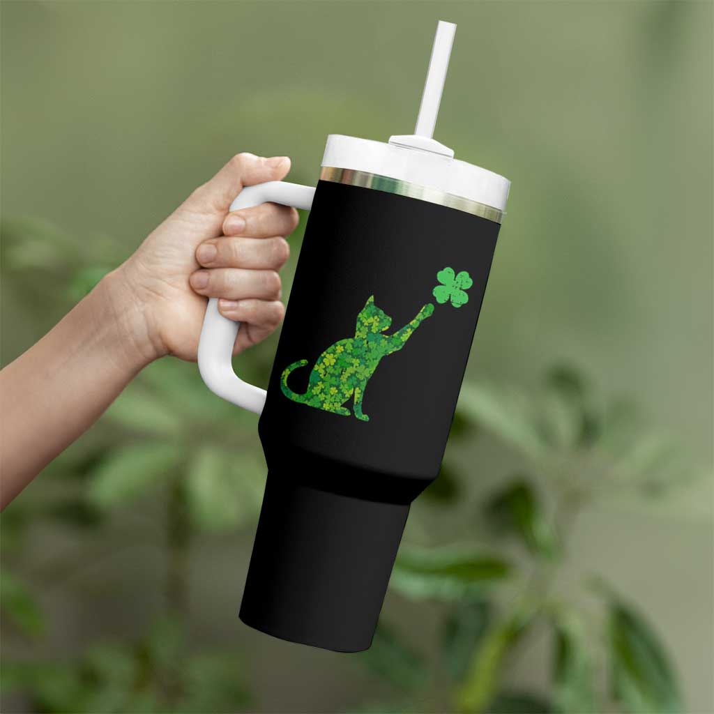 St Patricks Day Shamrock Cat Tumbler With Handle Saint Pattys Cats Lover