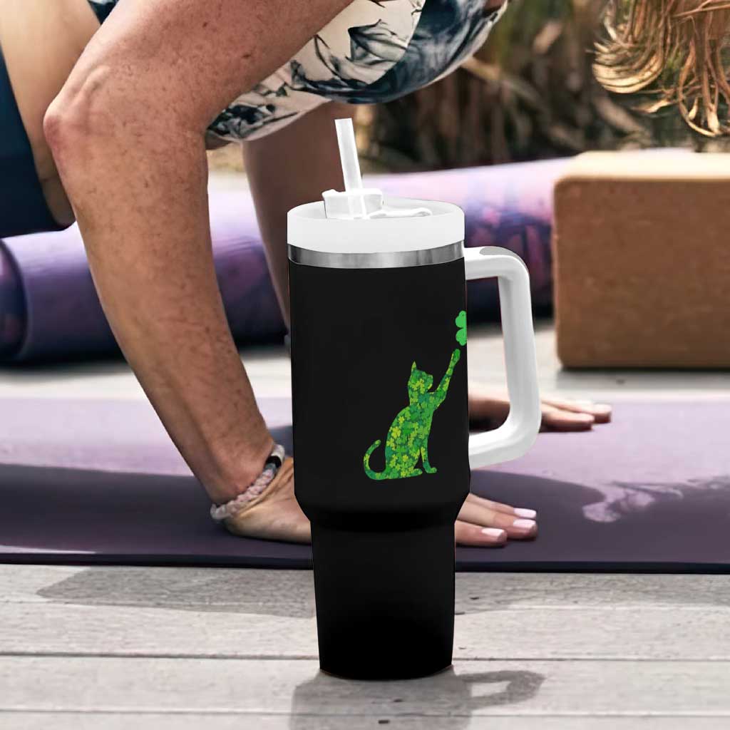 St Patricks Day Shamrock Cat Tumbler With Handle Saint Pattys Cats Lover