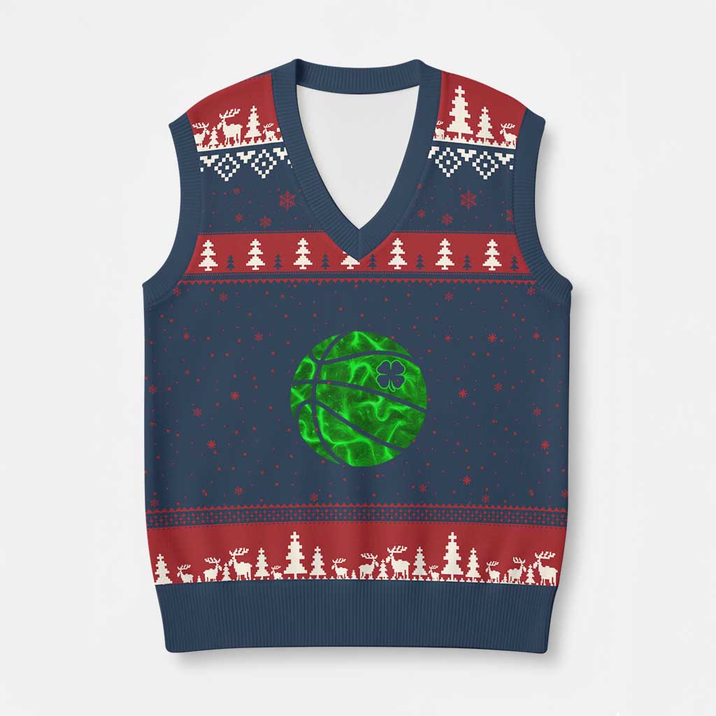 Lucky Shamrock Basketball V-Neck Knit Sweater Vest Clover Irish St Patrick's Day Sport Lover - Wonder Print Shop