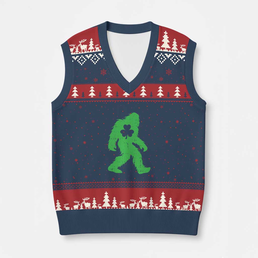 St Patricks Day Bigfoot V-Neck Knit Sweater Vest Sasquatch Lucky Shamrock - Wonder Print Shop