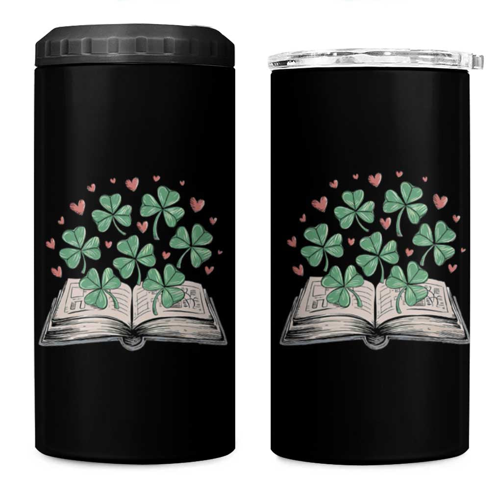 St Patricks Day Book Lover 4 in 1 Can Cooler Tumbler Librarian Core Lucky Shamrocks