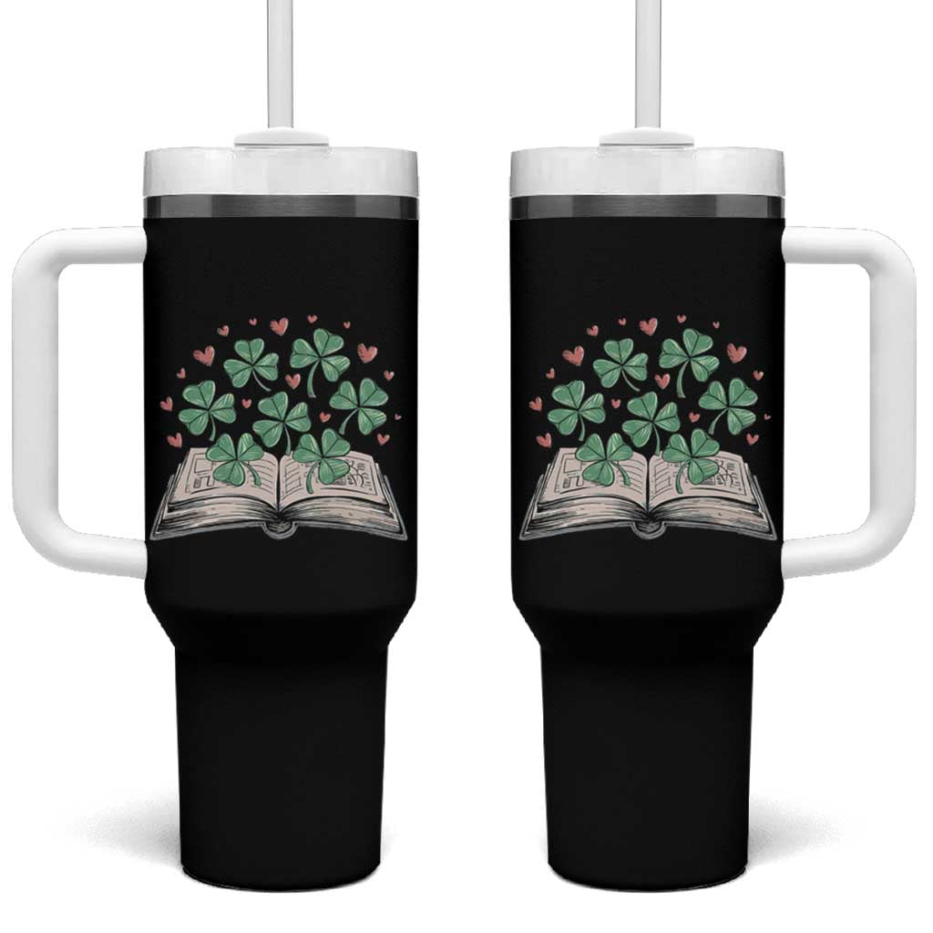 St Patricks Day Book Lover Tumbler With Handle Librarian Core Lucky Shamrocks
