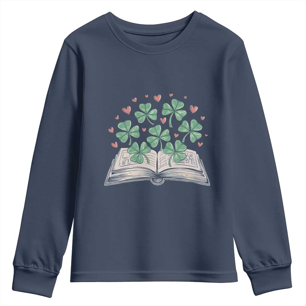 St Patricks Day Book Lover Youth Sweatshirt Librarian Core Lucky Shamrocks