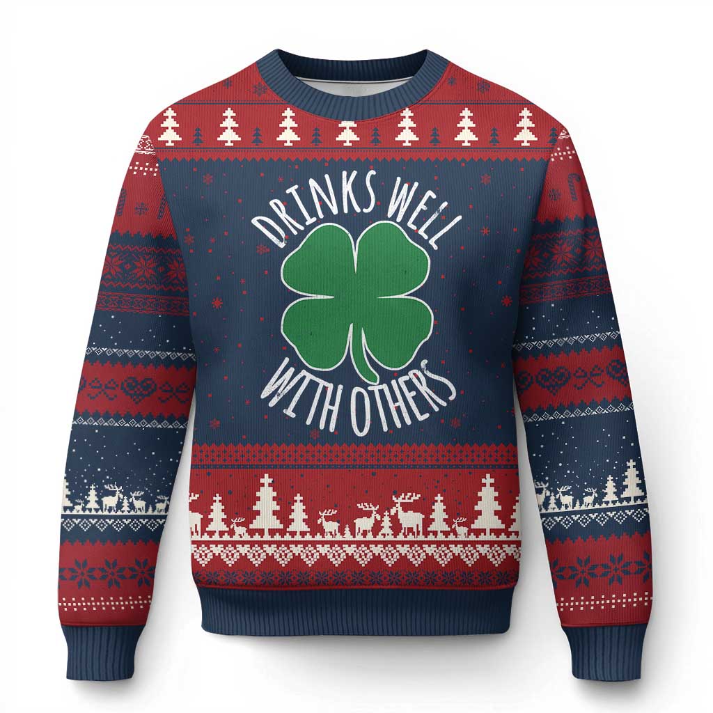 Funny St Patricks Day Drinking Ugly Christmas Sweater Drinks Well With Others Drunk Beer Lucky Shamrock - Wonder Print Shop