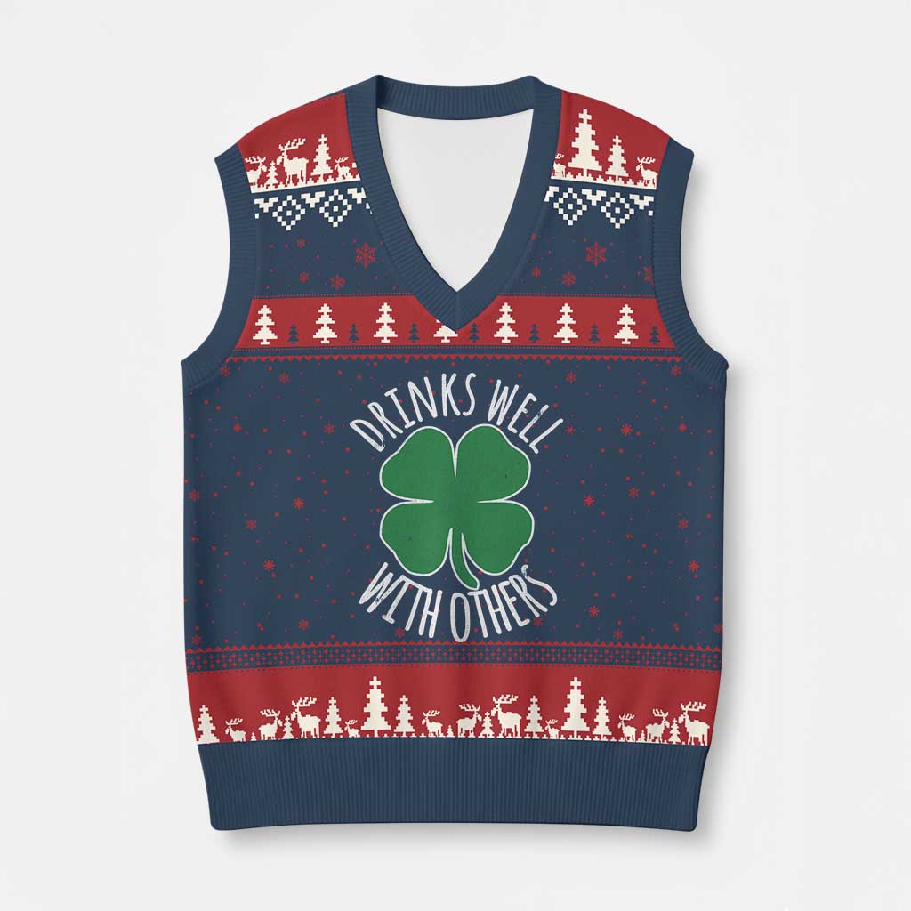 Funny St Patricks Day Drinking V-Neck Knit Sweater Vest Drinks Well With Others Drunk Beer Lucky Shamrock - Wonder Print Shop