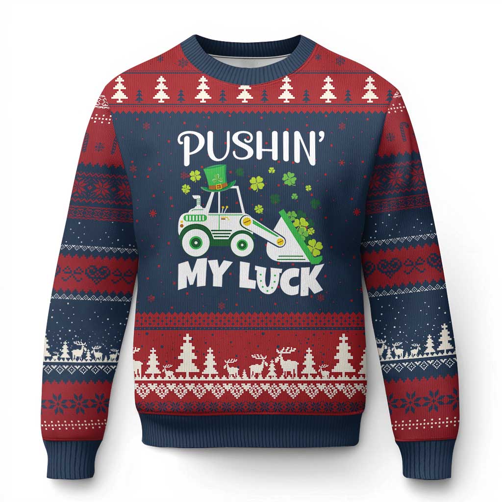 St Patricks Day Boys Truck Ugly Christmas Sweater Pushing My Luck Tractor Toy Lover - Wonder Print Shop