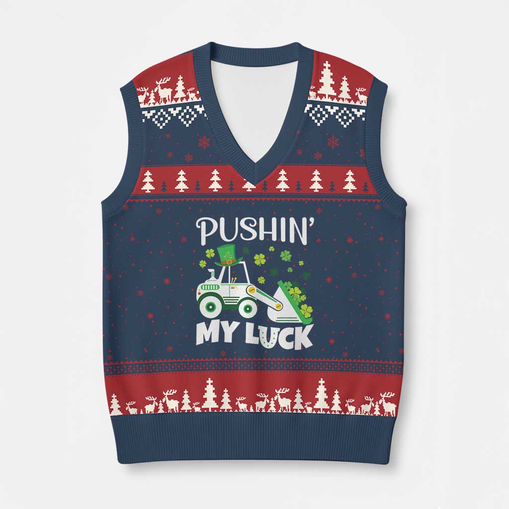 St Patricks Day Boys Truck V-Neck Knit Sweater Vest Pushing My Luck Tractor Toy Lover - Wonder Print Shop