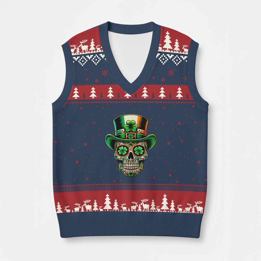 San Patties Irish Sugar Skull V-Neck Knit Sweater Vest St Patricks Day Of The Dead - Wonder Print Shop