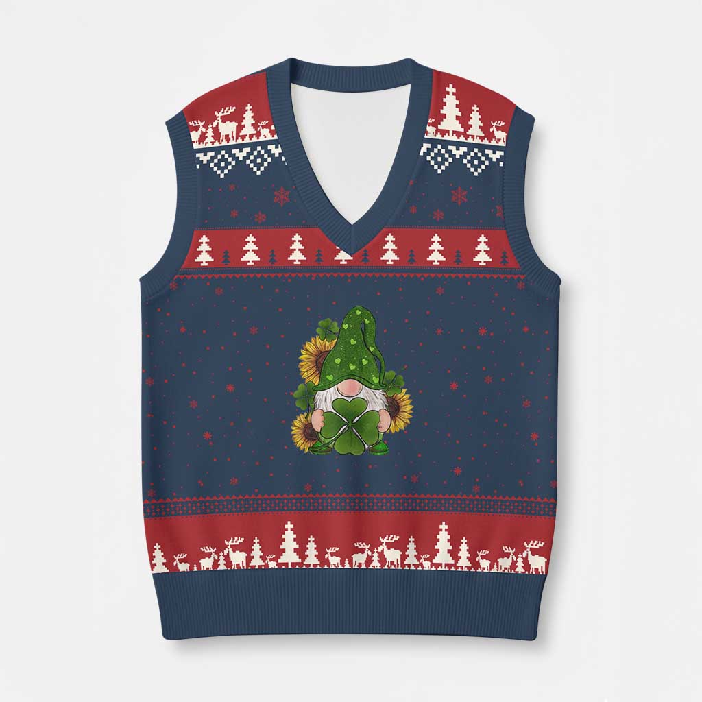 St Patrick's Day Cute Gnomes V-Neck Knit Sweater Vest Holding Shamrock Sunflower - Wonder Print Shop