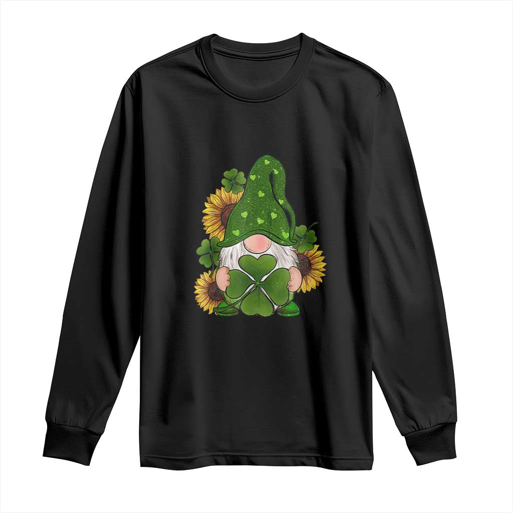 St Patrick's Day Cute Gnomes Long Sleeve Shirt Holding Shamrock Sunflower