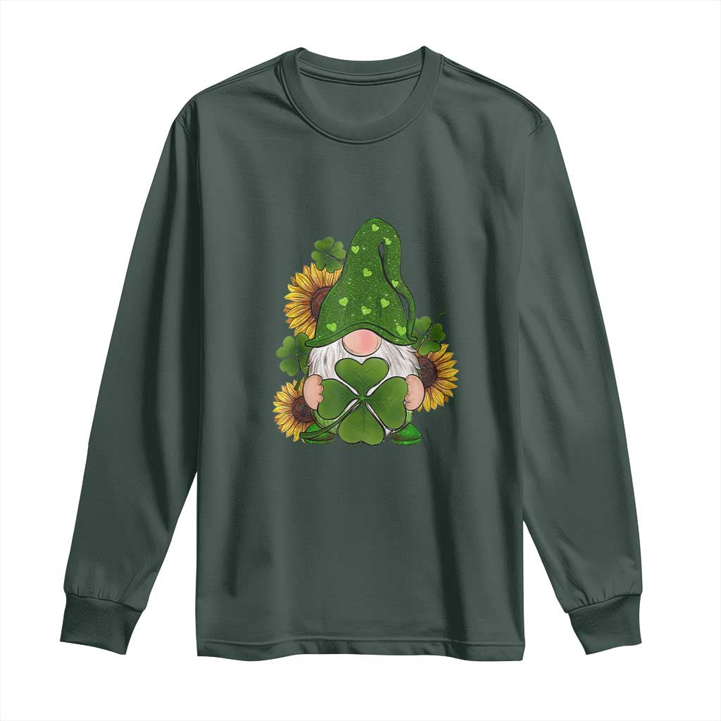 St Patrick's Day Cute Gnomes Long Sleeve Shirt Holding Shamrock Sunflower