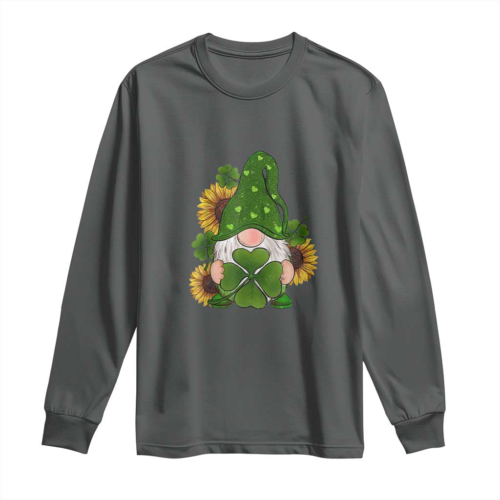 St Patrick's Day Cute Gnomes Long Sleeve Shirt Holding Shamrock Sunflower