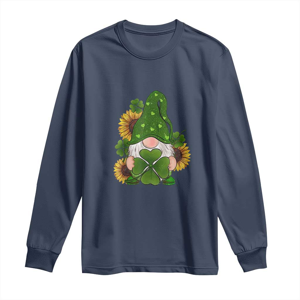 St Patrick's Day Cute Gnomes Long Sleeve Shirt Holding Shamrock Sunflower