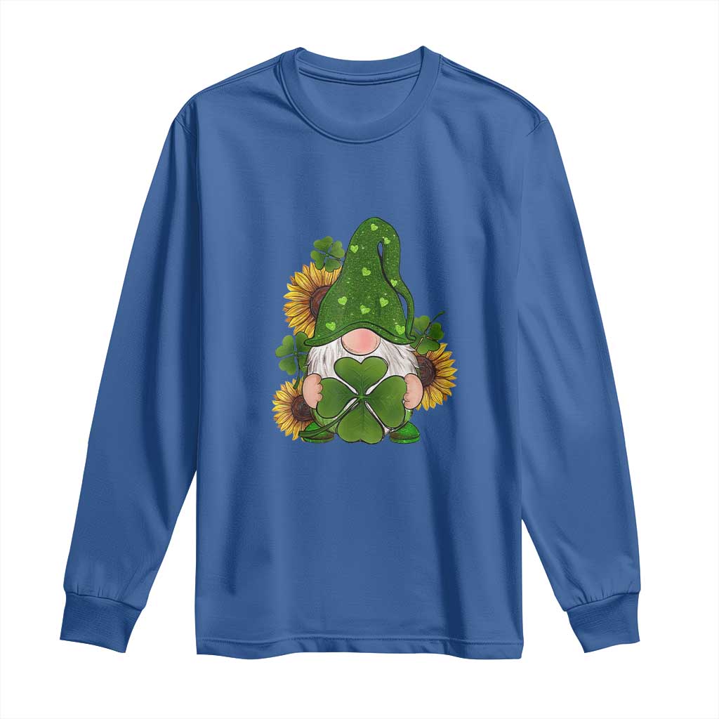 St Patrick's Day Cute Gnomes Long Sleeve Shirt Holding Shamrock Sunflower