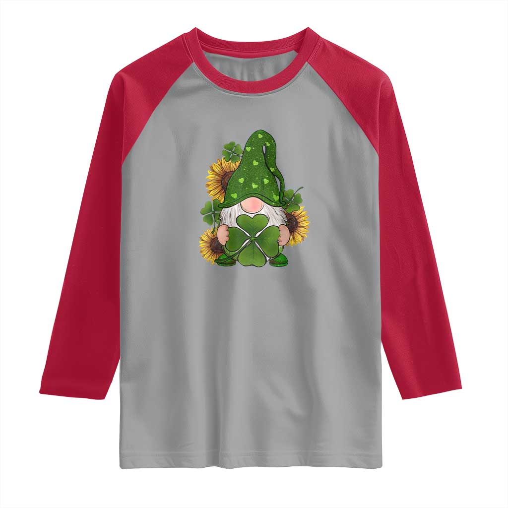 St Patrick's Day Cute Gnomes Raglan Shirt Holding Shamrock Sunflower