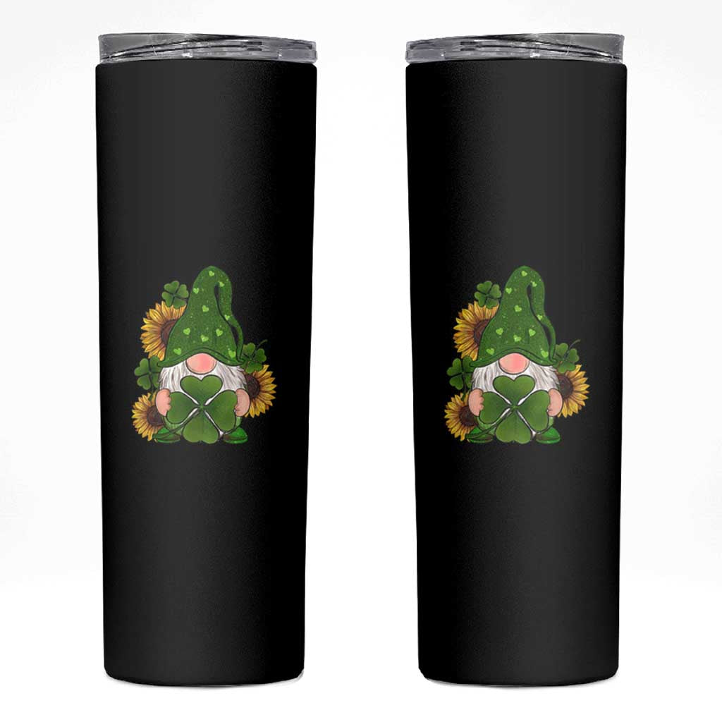St Patrick's Day Cute Gnomes Skinny Tumbler Holding Shamrock Sunflower