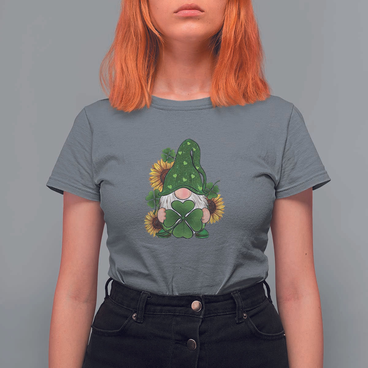 St Patrick's Day Cute Gnomes T Shirt For Women Holding Shamrock Sunflower