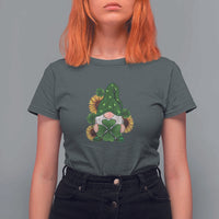St Patrick's Day Cute Gnomes T Shirt For Women Holding Shamrock Sunflower