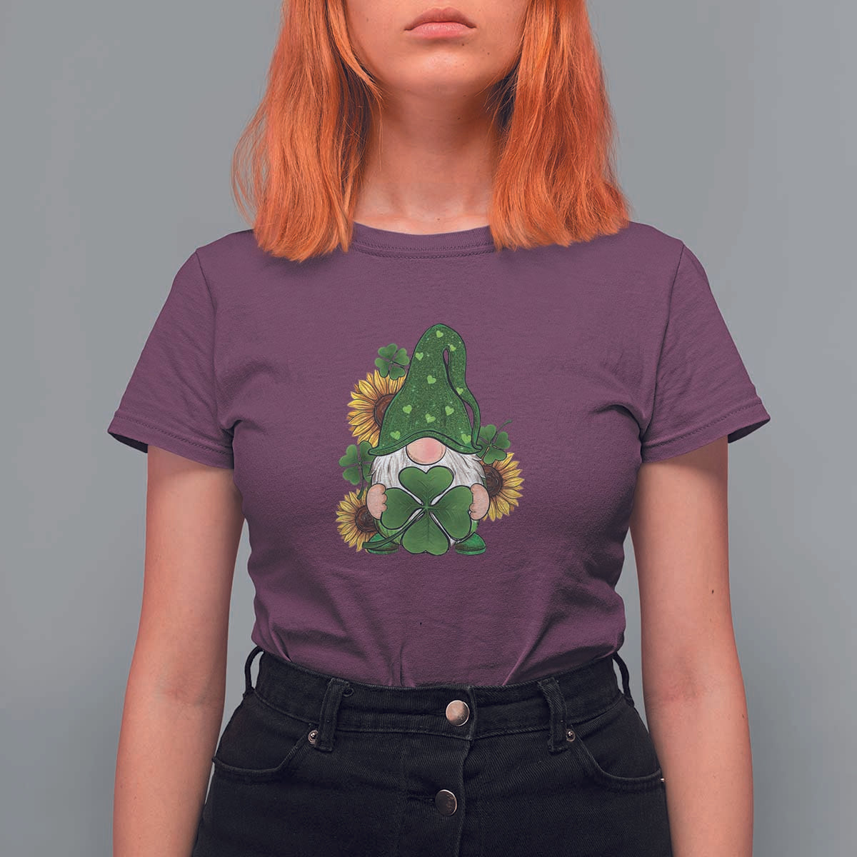 St Patrick's Day Cute Gnomes T Shirt For Women Holding Shamrock Sunflower