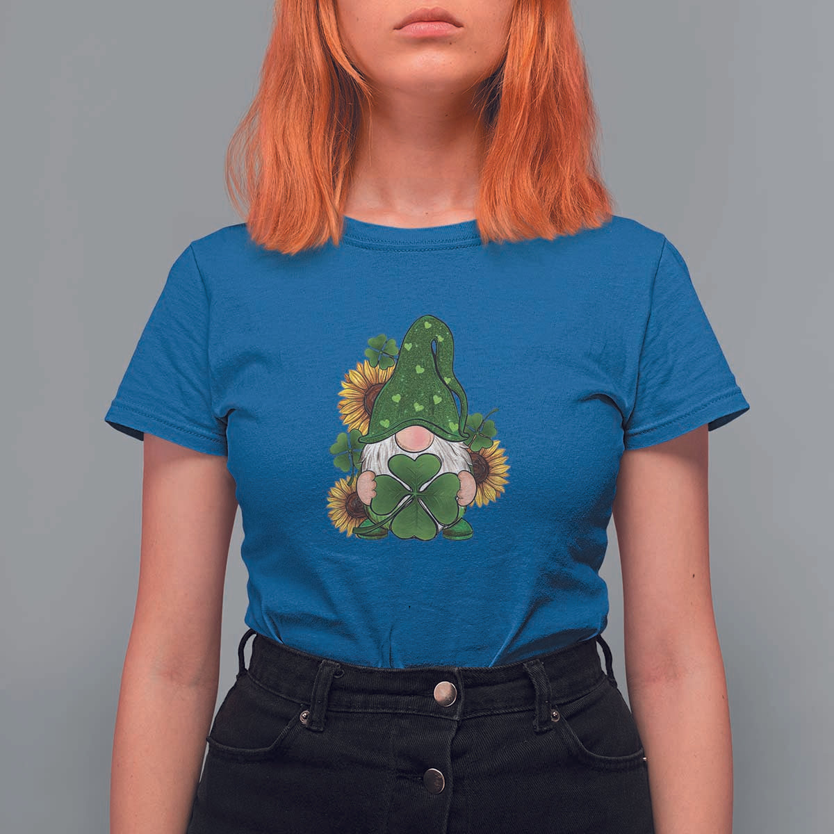 St Patrick's Day Cute Gnomes T Shirt For Women Holding Shamrock Sunflower