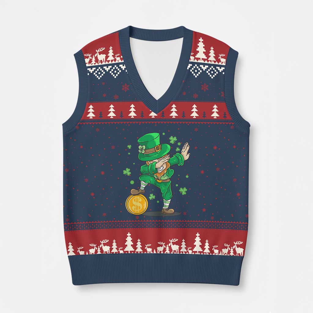 Cute Dabbing Leprechaun V-Neck Knit Sweater Vest Funny St Patricks Day - Wonder Print Shop